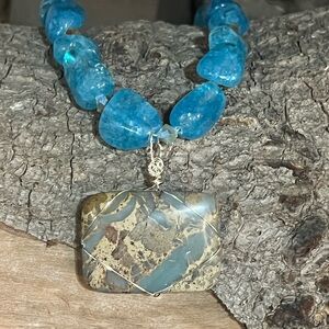 Ocean Jasper Pendant on Aqua Blue Crackle Quartz Necklace 18”